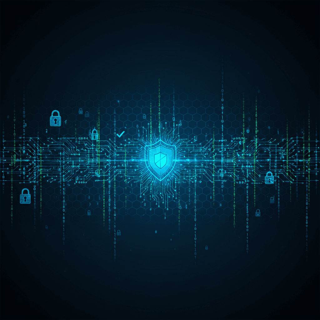 Cybersecurity background with digital circuit patterns and shield